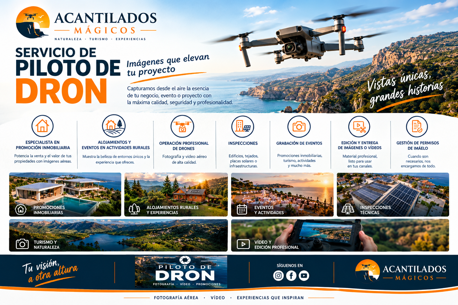 Servicios profesionales de fotografía y vídeo aéreo con dron para turismo, inmobiliaria, eventos e inspecciones